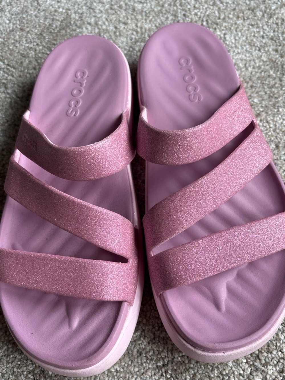 CROCS Pink Glitter Triple-Strap Slide Sandals
